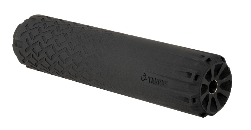 Black Taurus firearm suppressor with textured cylindrical body