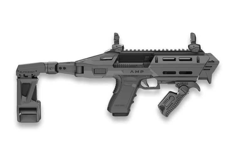 Gray tactical firearm conversion chassis with folding brace