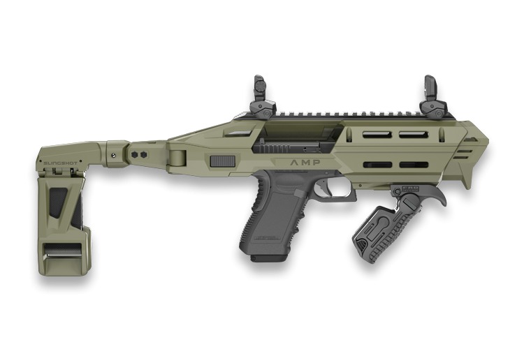 Olive green tactical firearm chassis with folding stock