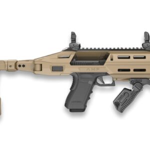 Tan tactical pistol carbine conversion chassis with folding brace