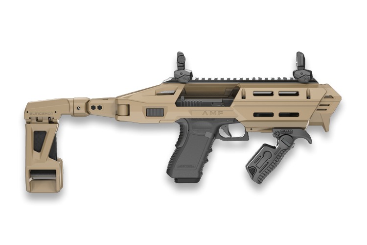 Tan tactical pistol carbine conversion chassis with folding brace