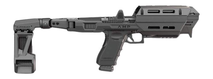 Gray futuristic pistol-caliber carbine with folding brace
