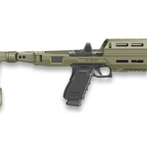 Olive-green futuristic pistol chassis with folding arm brace
