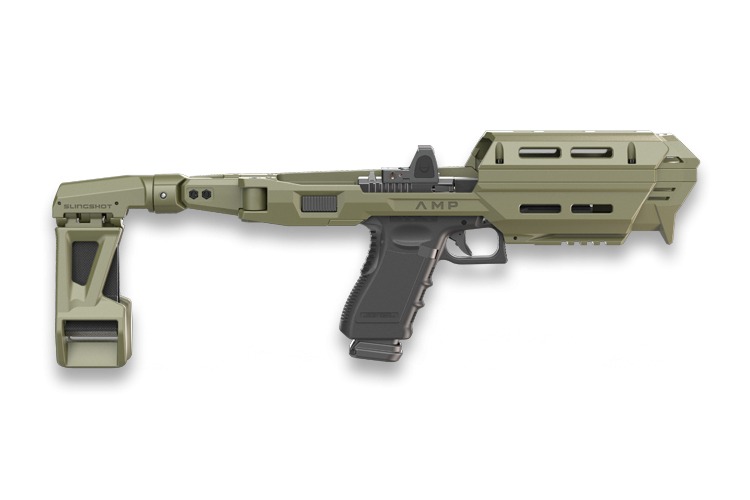 Olive-green futuristic pistol chassis with folding arm brace