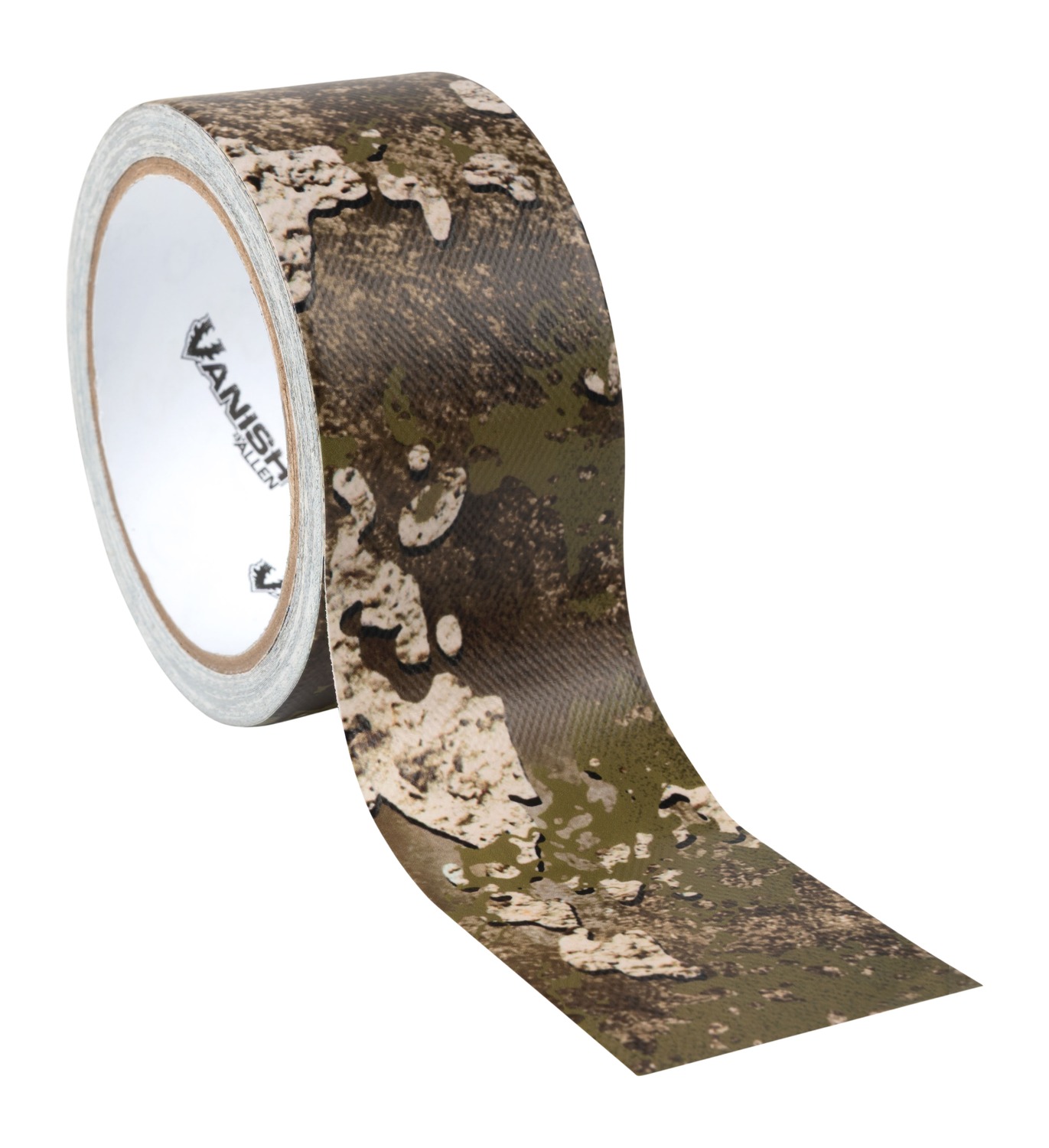 Roll of camouflage-patterned adhesive tape with unspooled strip