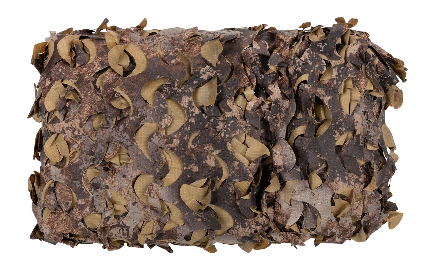 Rolled woodland camouflage netting with leaf-shaped fabric cutouts