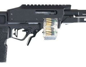 Black belt-fed tactical firearm with folding stock