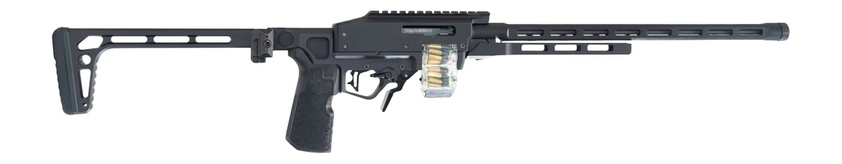 Black belt-fed tactical firearm with folding stock