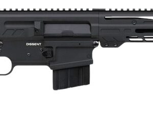 Black semi-automatic rifle with adjustable stock and long handguard