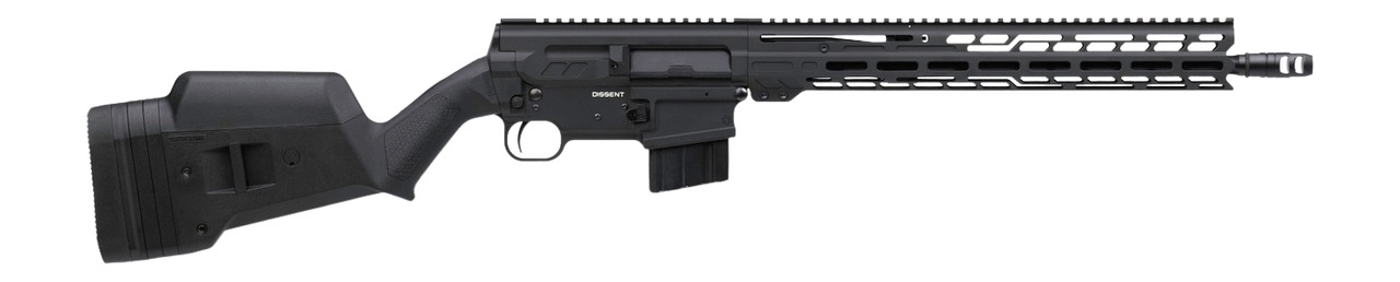 Black semi-automatic rifle with adjustable stock and long handguard
