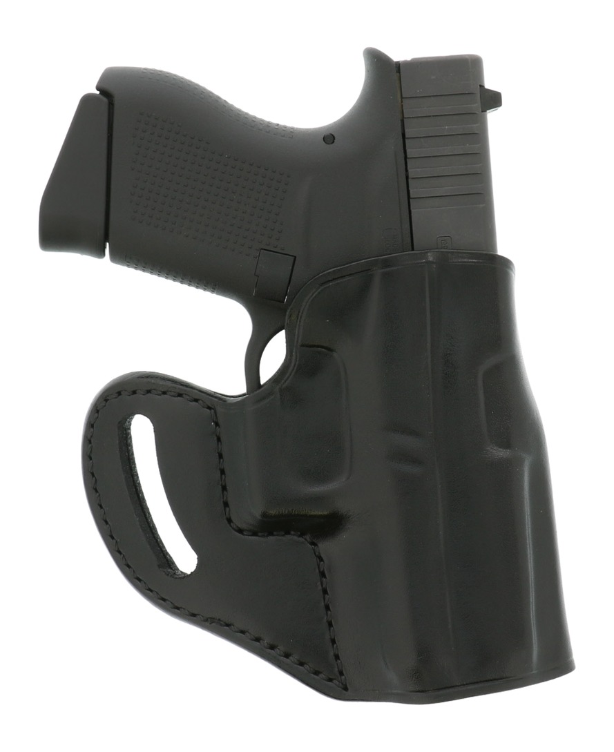 Black semi-automatic pistol in a black leather holster