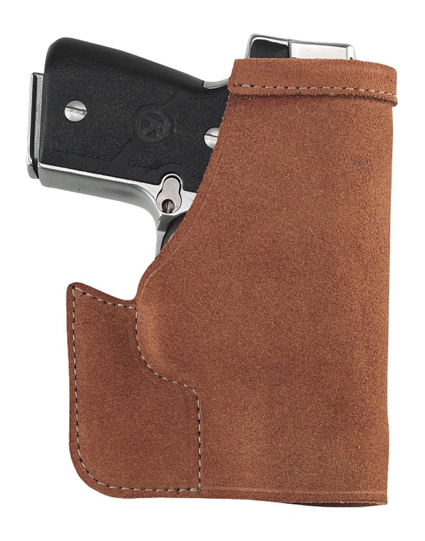 Brown leather holster holding a compact black handgun