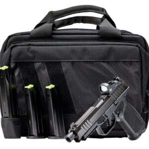 Handgun with magazines displayed against black carrying case