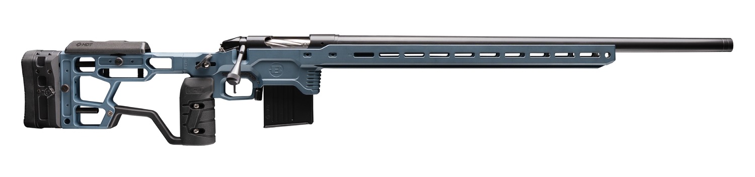 Blue precision bolt-action rifle with long barrel
