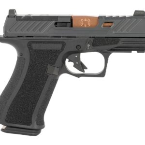 Black semi-automatic pistol with bronze barrel on white background