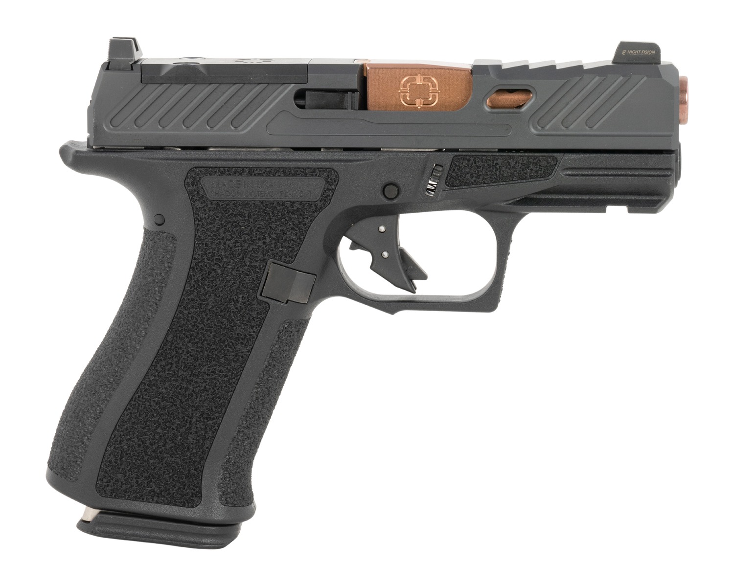 Black semi-automatic pistol with bronze barrel on white background