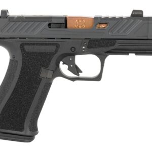 Black semi-automatic pistol with bronze barrel and optic
