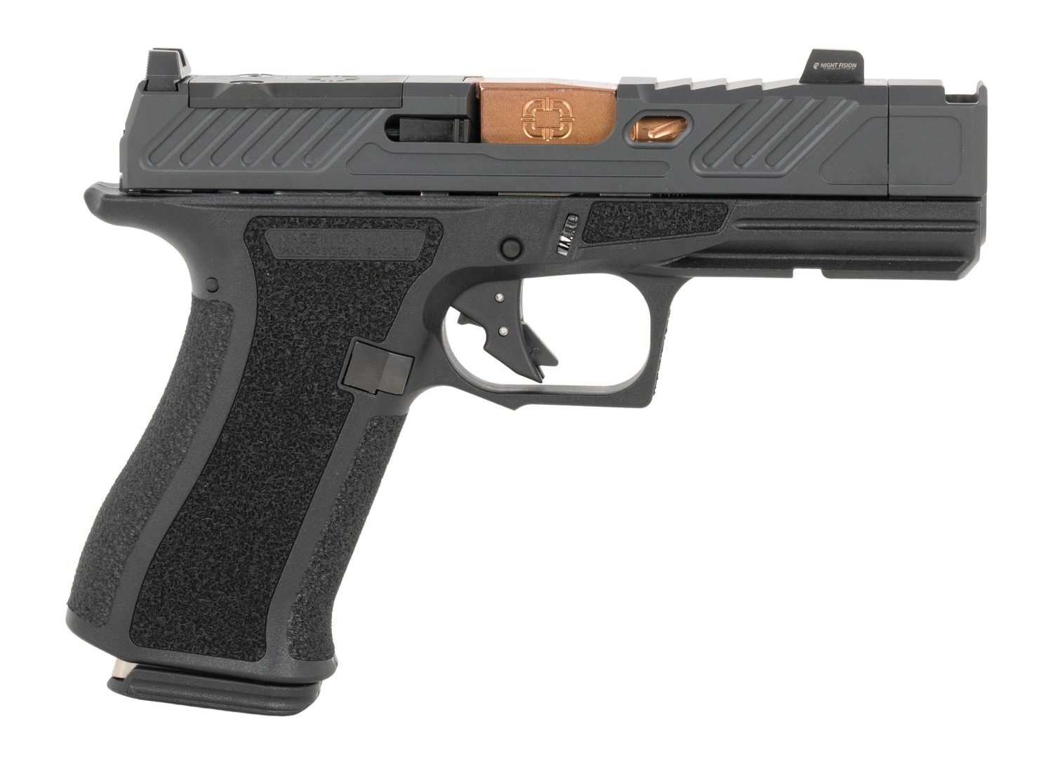 Black semi-automatic pistol with bronze barrel and optic