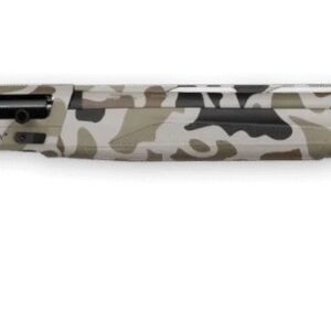 Camouflage-patterned Weatherby semi-automatic shotgun on white background