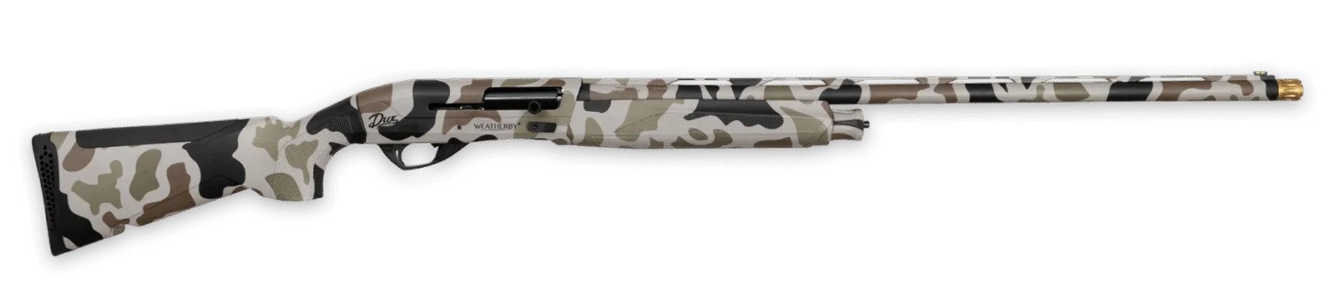 Camouflage-patterned Weatherby semi-automatic shotgun on white background
