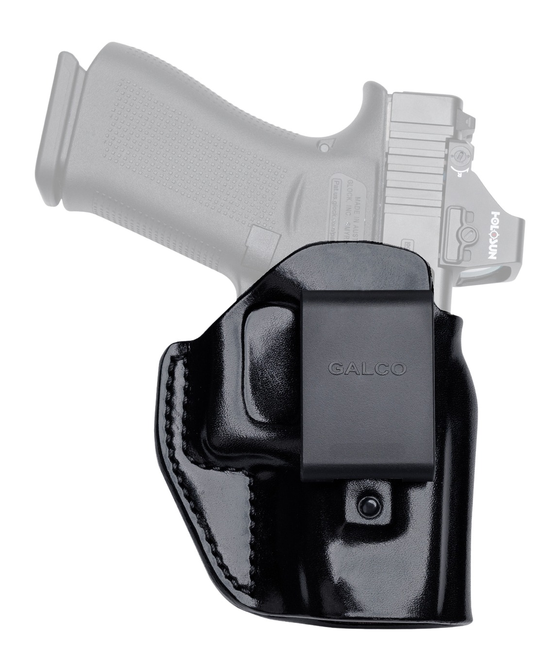 Black Galco leather holster with semi-transparent pistol