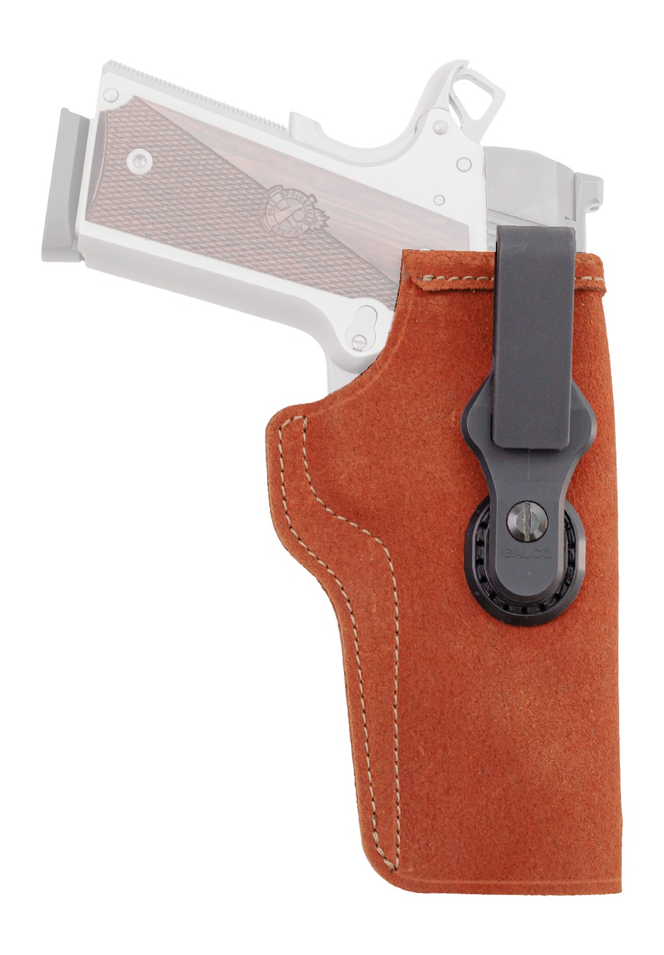 Brown leather handgun holster with black belt clip