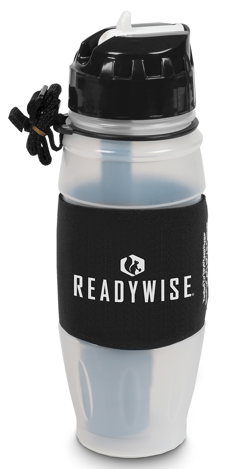 ReadyWise water bottle with black lid and carrying strap