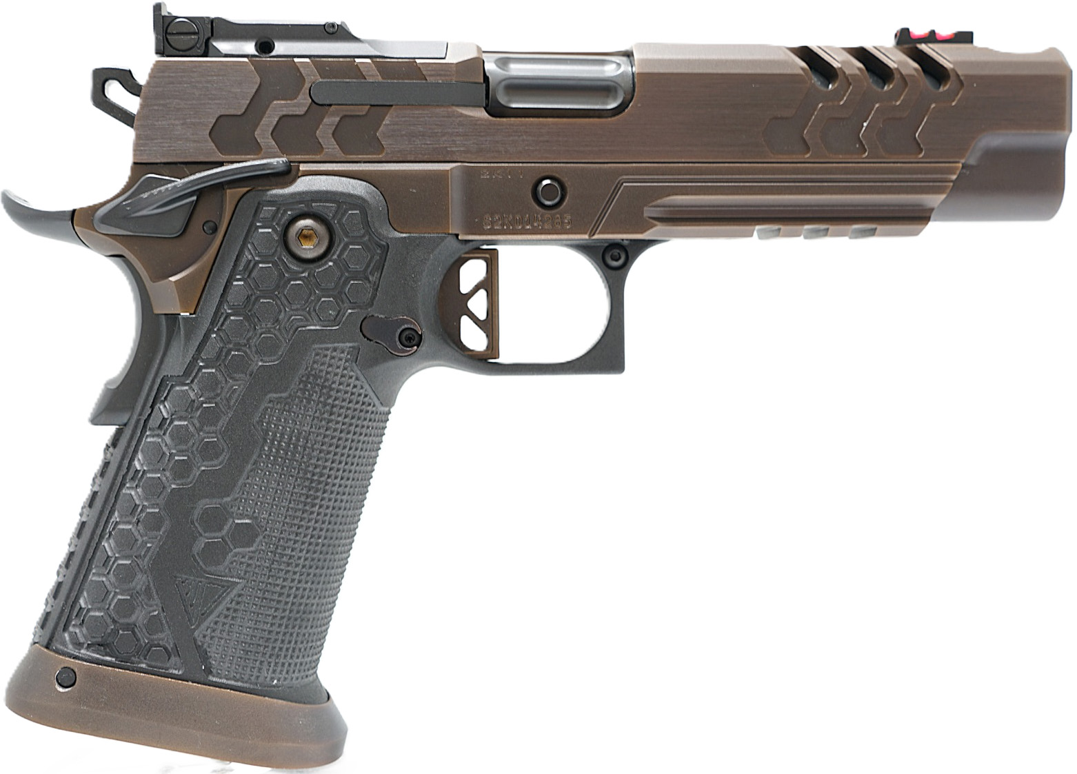 Custom bronze and black semi-automatic pistol with textured grip