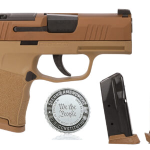 Tan SIG Sauer pistol with two magazines and coin