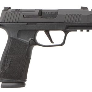 Black SIG Sauer semi-automatic pistol on white background