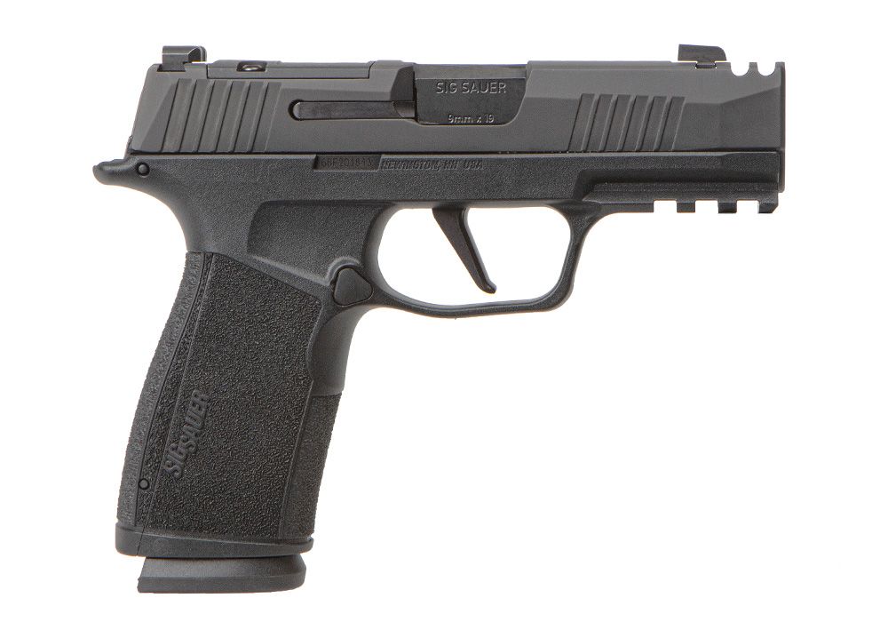 Black SIG Sauer semi-automatic pistol on white background