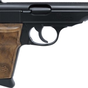 Close-up of black rifle with wooden pistol grip