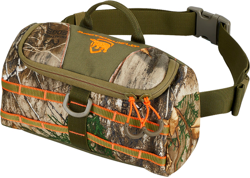 Camouflage waist pack with adjustable olive green belt