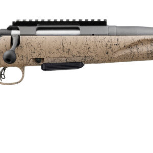 Bolt-action rifle with tan speckled stock and muzzle brake