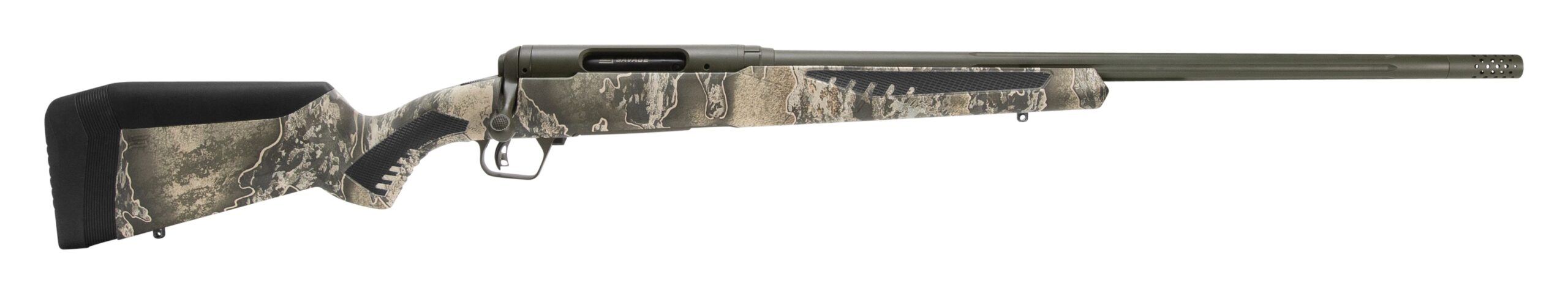 Camouflage-patterned bolt-action rifle with black barrel