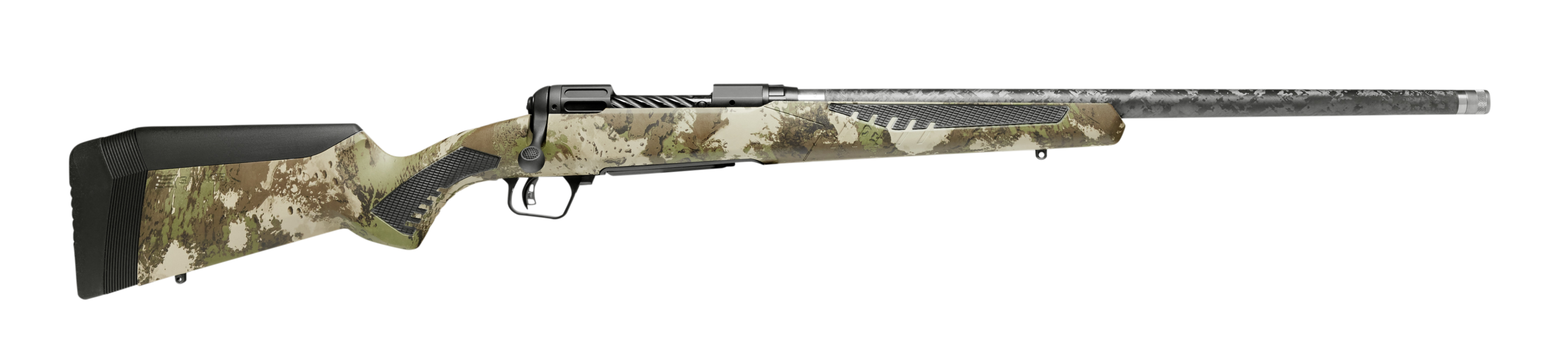 Camouflage-patterned rifle with carbon-fiber barrel and black recoil pad