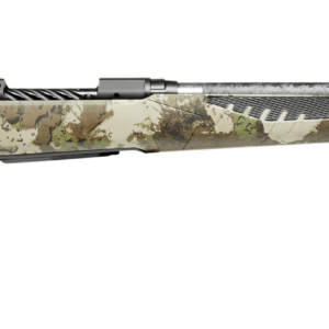 Camouflage-patterned bolt-action rifle with carbon-fiber barrel