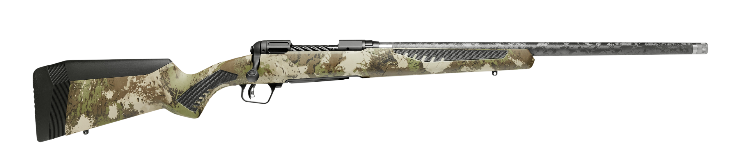 Camouflage-patterned bolt-action rifle with carbon-fiber barrel