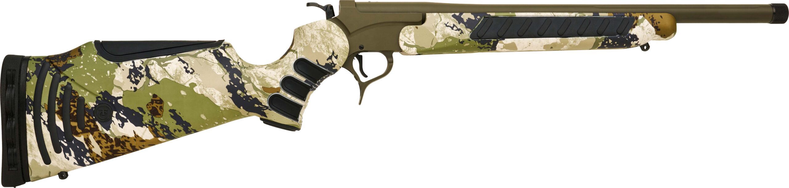 Close-up of camouflaged rifle receiver, grip, and magazine