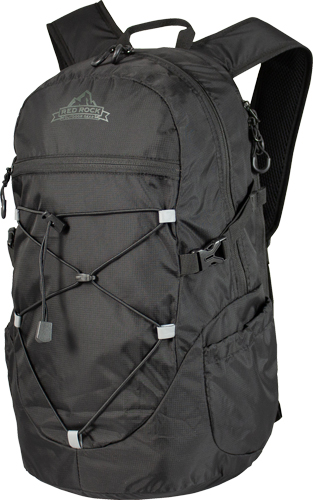 Black hiking backpack with bungee cord front panel