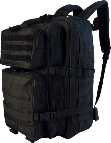 Black tactical backpack with MOLLE webbing and multiple compartments