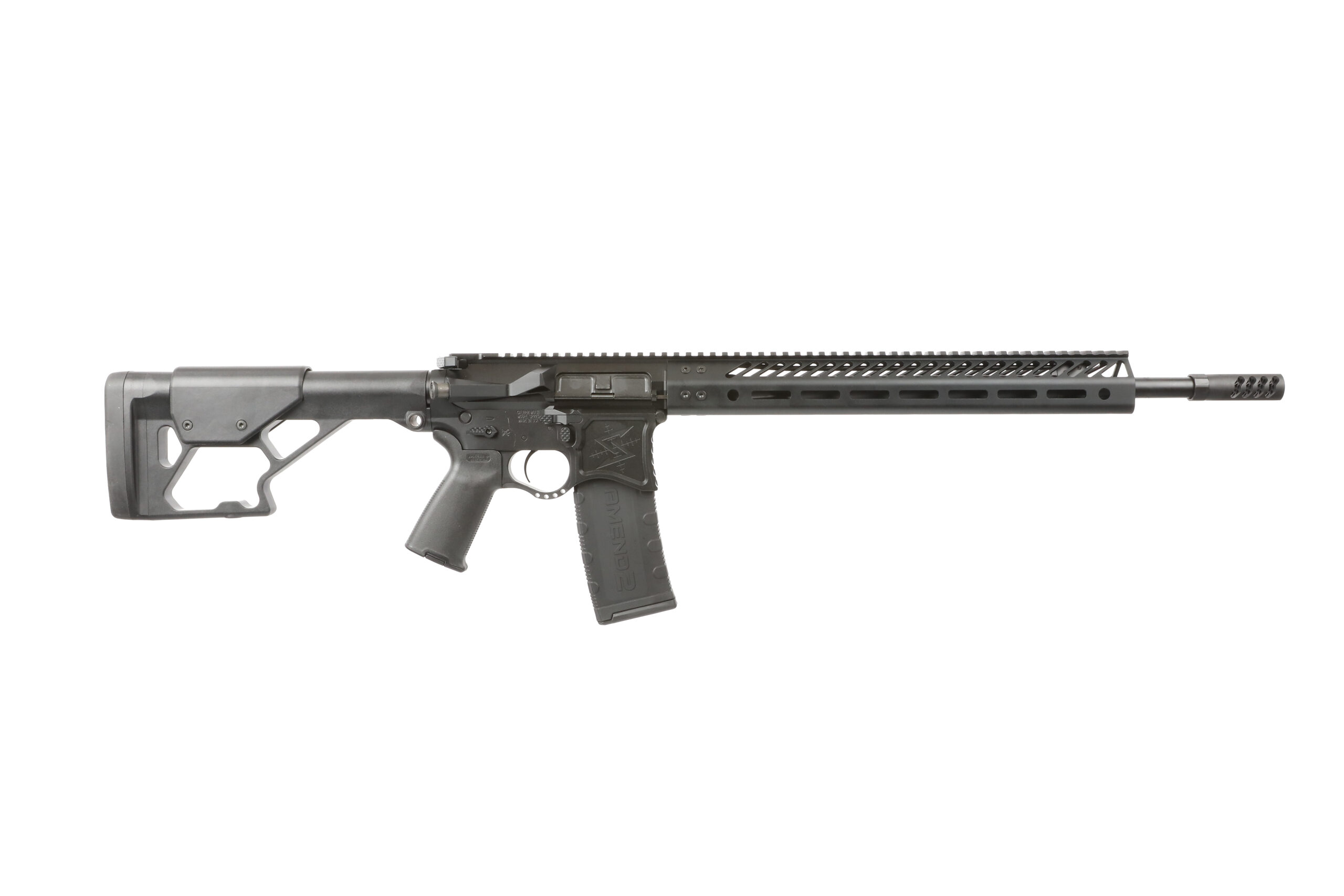 Black tactical rifle with rail system and magazine