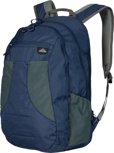 Navy blue backpack with gray accents and padded straps