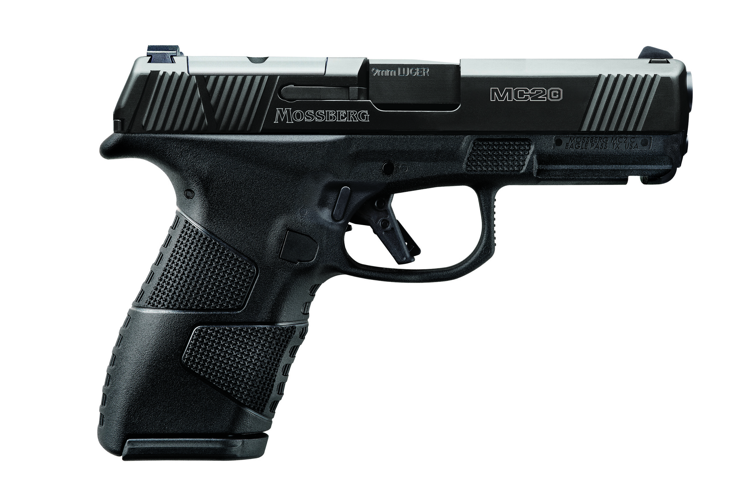 Black Mossberg MC2c semi-automatic pistol on white background
