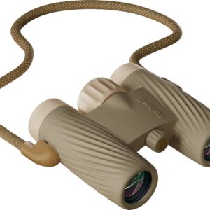 Tan compact binoculars with braided neck strap