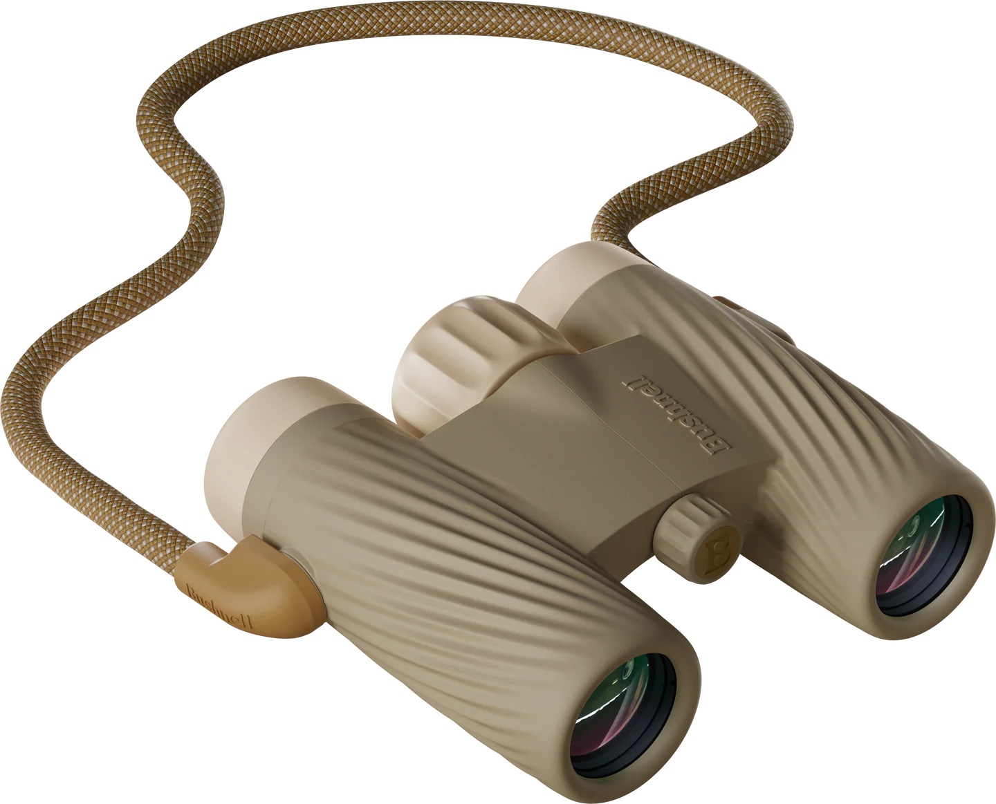 Tan compact binoculars with braided neck strap