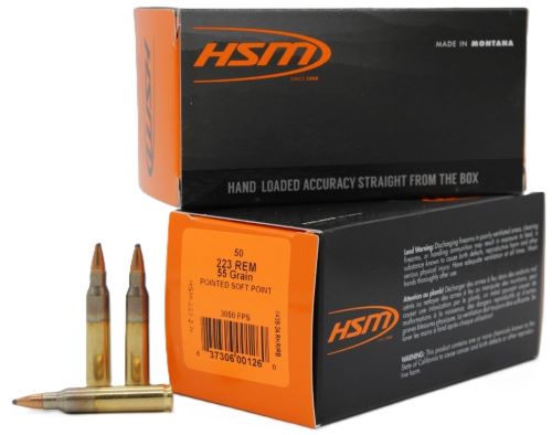 HSM .223 Remington 55-grain ammunition boxes and cartridges