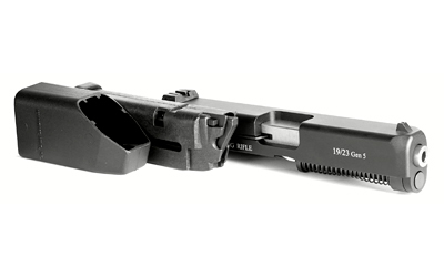 Black Glock-compatible pistol slide assembly on white background