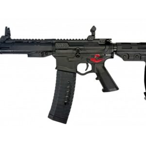 Black tactical rifle with folding stock and curved magazine