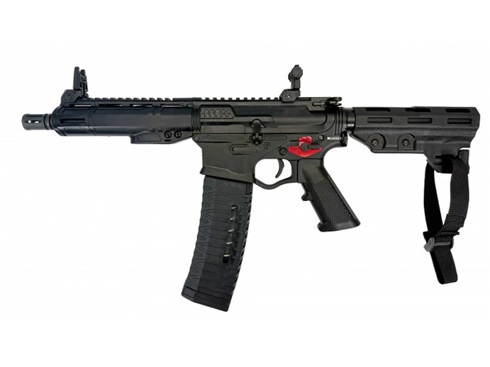 Black tactical rifle with folding stock and curved magazine